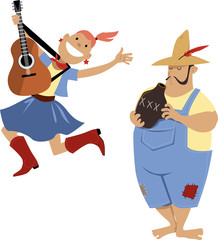 Naklejka premium Country western folk musicians characters playing guitar and jug, EPS 8 vector cartoon