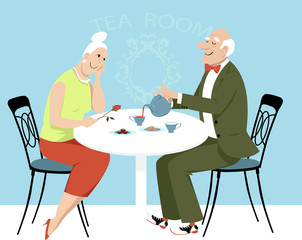 Elderly couple on a date having tea in a cafe, EPS 8 vector illustration
