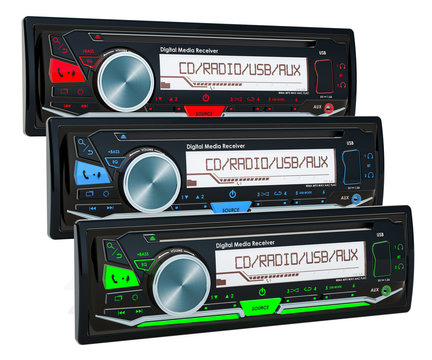 Set of colored car digital media receivers, 3D rendering