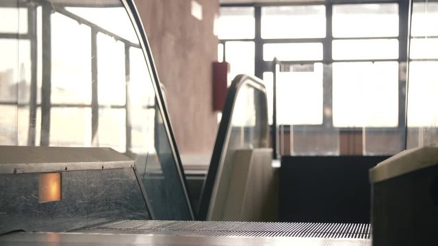 Close up view of empty moving escalator interior day