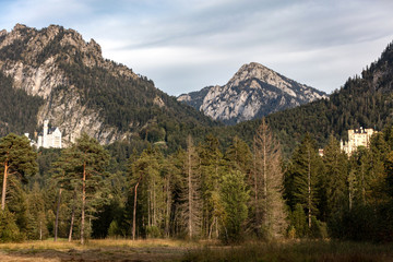 Die Schl&ouml;sser Neuschwanstein und Hohenschwangau vom Schwanensee Park aus gesehen