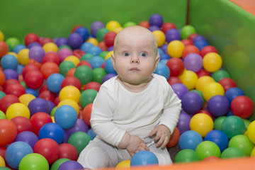 Fototapeta na wymiar Little baby boy sits in the pool with balls