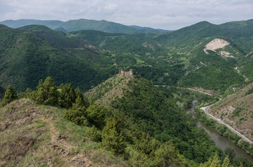 Fototapeta na wymiar Panorama of Ibar river canyon with medieval fortress Maglic on mountain cliff, Serbia