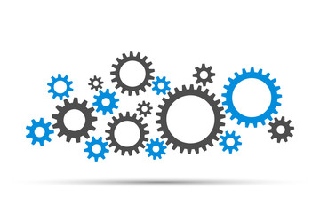 Blue and grey gears and cog wheel on a white background