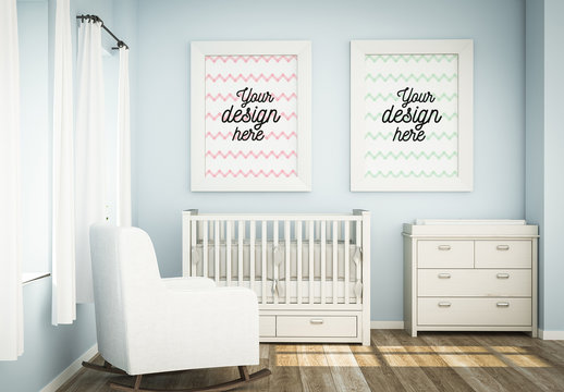 2 Framed Posters on Baby Room Wall Mockup