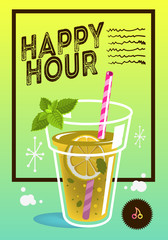 Happy Hour Poster Design With  A Glass Of Lemonade On A Green And Yellow Gradient Background Vector Image.