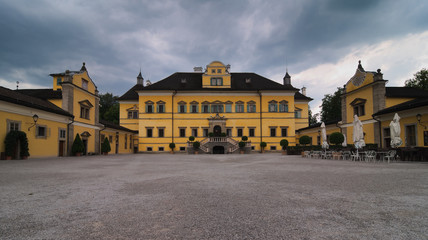 The front view of the Hellbrunn Palace. The palace is located south of Salzburg, Austria.