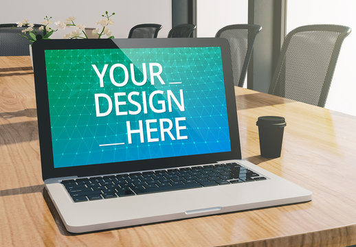 Laptop on Conference Room Table Mockup