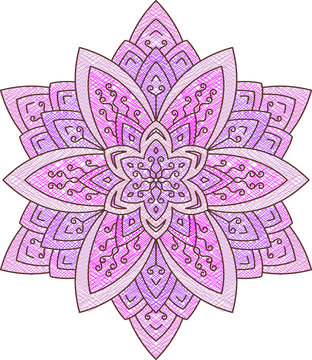 recommend clip art: Abstract vector colorful round lace design in mono line style - mandala, decorative element in pink tones with hatching style color fills.