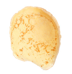 Hot tasty thin pancake on white background