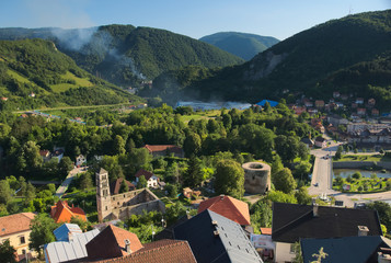 Overlooking city of Jajce from the fortress located on a top of a hill in the middle of the town.