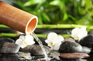 Traditional bamboo fountain with spa stones and flowers, closeup. Space for text