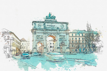 A watercolor sketch or illustration. Victory Gate triumphal arch Siegestor in Munich. Germany. - obrazy, fototapety, plakaty