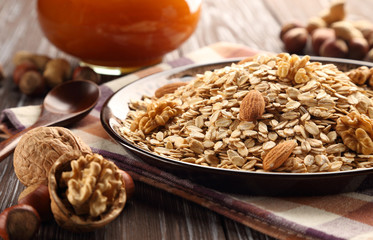 Oatmeal with honey and nuts.