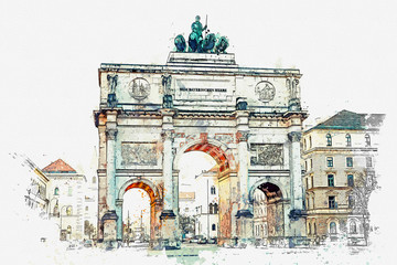 A watercolor sketch or illustration. Victory Gate triumphal arch Siegestor in Munich. Germany. - obrazy, fototapety, plakaty