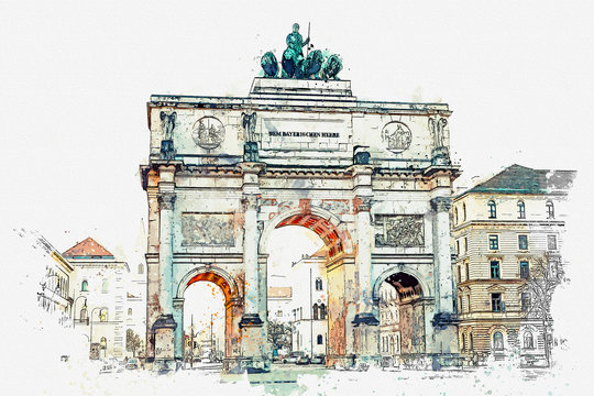 A watercolor sketch or illustration. Victory Gate triumphal arch Siegestor in Munich. Germany.