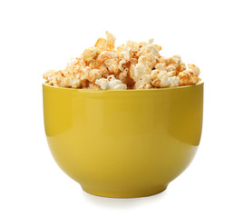 Bowl with delicious fresh popcorn on white background