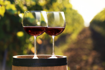 Glasses with red wine on barrel outdoors. Space for text