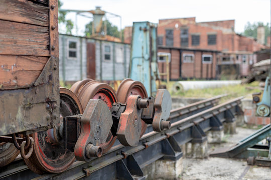 Old workshop of wagons and narrow-gauge railway locomotives. Place of repair and renovation for trains.