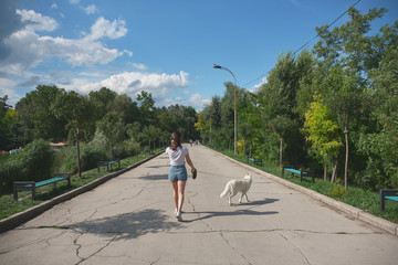 Back view woman walking her dog in the park