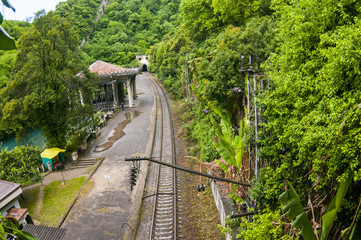 Naklejka premium Railway top view. The part of rail track for trains.