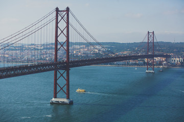 Beautiful panoramic view of 25th of April Suspension Bridge, 25 de Abril Bridge, over the Tagus river in Lisbon, Portugal