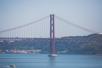 Beautiful panoramic view of 25th of April Suspension Bridge, 25 de Abril Bridge, over the Tagus river in Lisbon, Portugal