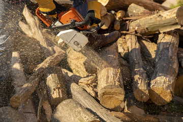 The worker works with a chainsaw. Chainsaw close-up.