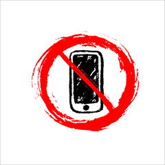 Prohibition sign with hand-drawn smartphone - grunge