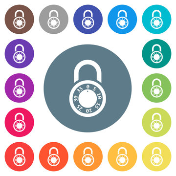 Locked round combination lock flat white icons on round color backgrounds