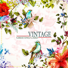 Greeting floral vintage card with flowers. Roses, wild flower, cornflower, poppy, lily of the valley and nightingale. This template can be used as other type of invitations and holidays. Vector.