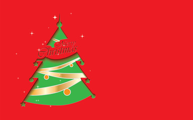 Cutout stylized green Christmas tree with text Merry Christmas and golden decoration isolated on red background