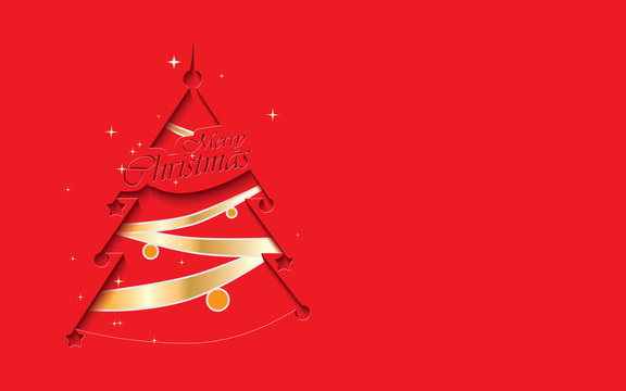 Cutout stylized red Christmas tree with text Merry Christmas and golden decoration