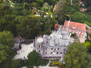 Aerial drone view of Quinta da Regaleira, The Regaleira Palace, Sintra city, Greater Lisbon region, Portugal