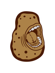 frau weiblich mund schreien kartoffel essen lecker koch küche gemüse schürze chef backen grillen clipart comic cartoon design schale