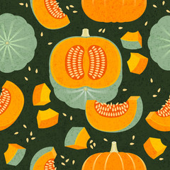 Ripe pumpkins seamless pattern. Harvest of decorative pumpkins. Whole and cut pumpkins. Shabby style. Original simple flat illustration. Halloween background.