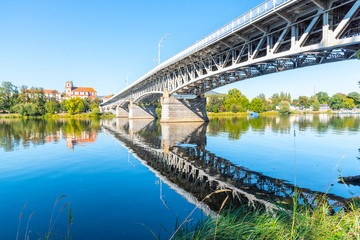 Fototapeta na wymiar Tyrs Bridge over Labe River in Litomerice on sunny summer day, Czech Republic.