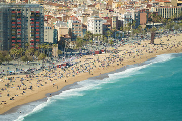 Fototapeta na wymiar Aerial view of Barcelona, Barceloneta beach and Mediterranean sea in summer day at Barcelona, Spain.