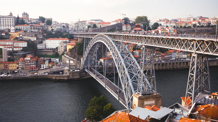 Beautiful super wide-angle summer aerial view of Porto, Portugal, with Douro river and famous view...