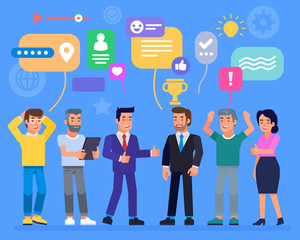 Successful Business Team with trophy icon and speech bubbles