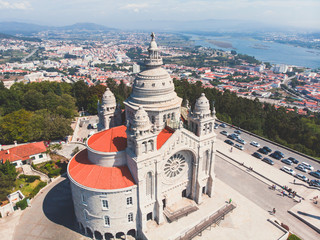 Aerial view of Viana do Castelo, Portugal, with Basilica Santa Luzia Church, shot from drone