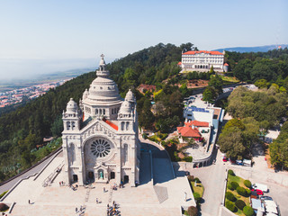 Aerial view of Viana do Castelo, Portugal, with Basilica Santa Luzia Church, shot from drone