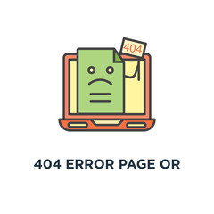 404 error page or file not found, cute cartoon web page with flag 404 on laptop display, modern outline icon