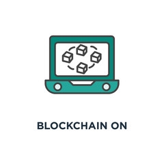blockchain on laptop screen icon. connected cubes on the display, of database concept symbol design, data center, crypto template, cryptocurrency and blockchain vector illustration