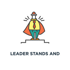 leader stands and looks into the distance icon, business people floating to the shore, business of leadership and teamwork, cute, helps the team find the right way and reach the goal