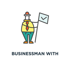 businessman with business award standing on pedestal icon, symbol of first place on a podium with medal, outline, concept he is winner