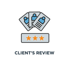 client's review icon. customer feedback concept symbol design, user's comment or satisfaction level, portraits of three people and evaluation stars below, outline, for website, mobile, apps, vector