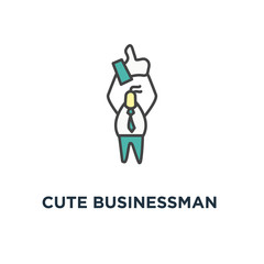 cute businessman  thumbs up  or like, character holds hand over head, likes icon, symbol of outline ui concept ok and positive feedback,