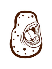 cool frau weiblich mund schreien kartoffel essen lecker koch küche gemüse schürze chef backen grillen clipart comic cartoon design schale