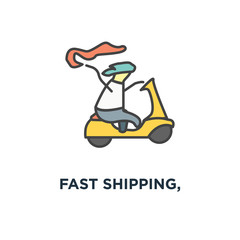 fast shipping, journey or speed transportation, cute funny man riding delivery scooter or moped on its way to deliver happiness, e icon, symbol of commerce template,, concept